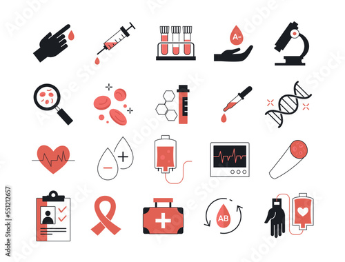 Set of simple medical icons. Black and red stickers with blood, donation, genetic test, erythrocyte analysis and cardiovascular system. Cartoon flat vector collection isolated on white background
