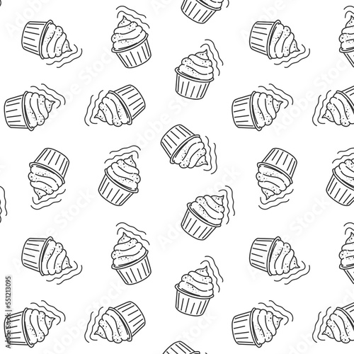 drawing, doodle pattern, background with cupcakes, cakes, muffins, for cafes, cafes, bakeries, holidays on a dark background with light, black lines