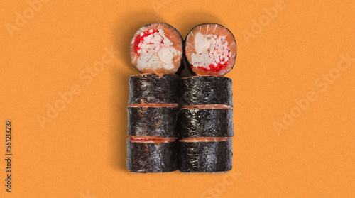 yummy and tasty nori sushi roll, close-up, from top view with many ingredients, high quality details, isolated on orange background, salmon and shrimp inside