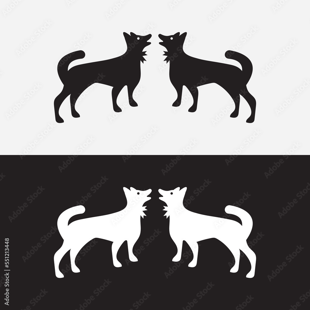 Two black and white dog animal logo design . icon logo . silhouette logo 