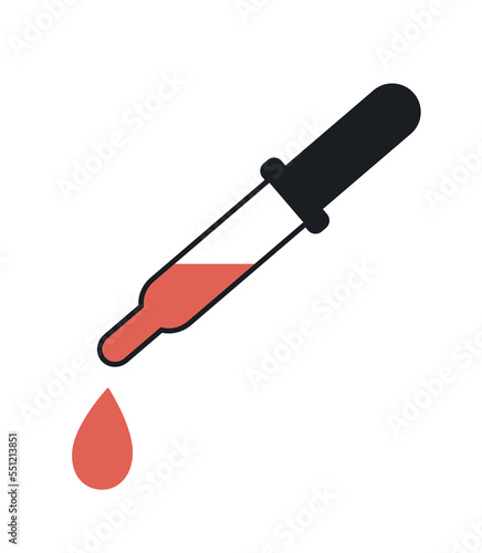 Medical icon. Sticker with equipment for blood sampling and biochemical analysis. Dropper with drop of blood. Design element for sticker. Cartoon flat vector illustration isolated on white background