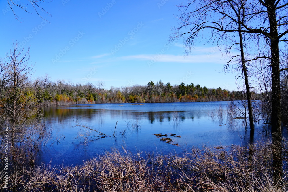 Early Spring seasonal landscape view of a lake and marshland wetlands in Wisconsin
