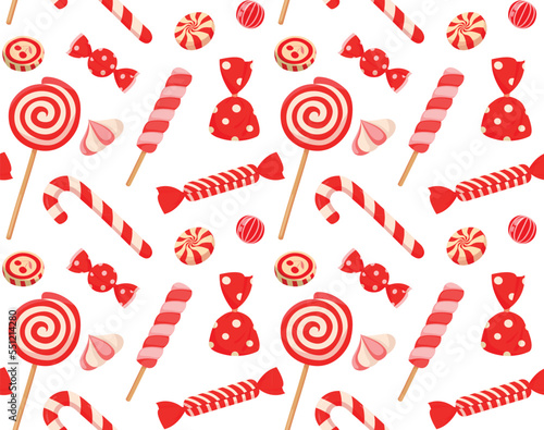 Candy seamless pattern. Repeating image for printing on wrapping paper. Dessert and delicacy, holiday and festival symbol. Sweets and sugar. Junk, but tasty food. Cartoon flat vector illustration