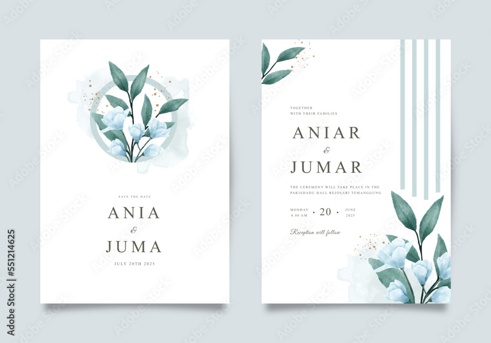 Elegant wedding invitation set with blue flowers and leaves