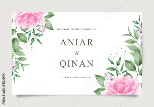 Beautiful wedding welcome sign template with watercolor roses and leaves