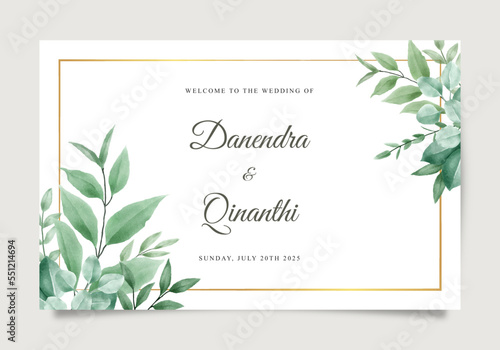 Elegant wedding welcome sign template with green leaves