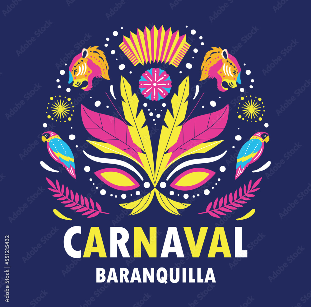 Obraz premium Barranquilla carnival poster. International holiday, traditions and culture. Poster or banner for website, greeting postcard design. Bright feathers and mask. Cartoon flat vector illustration