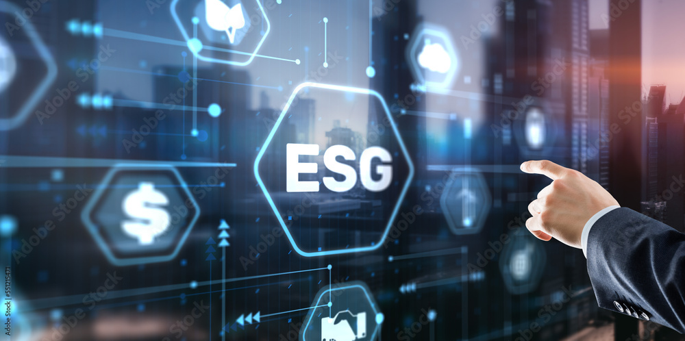 Businessman clicks ESG Environmental Social Governance sustainable development and investment Businessman clicks ESG Environmental Social Governance sustainable development and investment