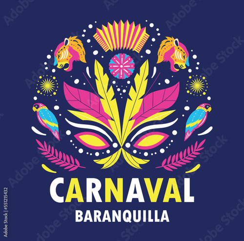 Barranquilla carnival poster. International holiday, traditions and culture. Poster or banner for website, greeting postcard design. Bright feathers and mask. Cartoon flat vector illustration