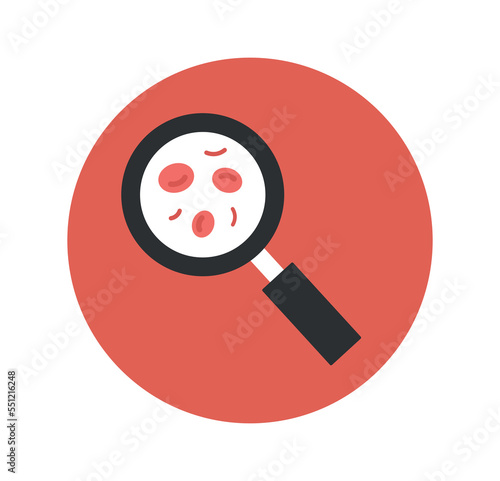 Magnifier with erythrocytes icon. Magnifying glass for assessing composition of cells and studying structure and molecules. Poster or banner. Medicine and science. Cartoon flat vector illustration