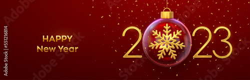 Happy New Year 2023. Golden metal 3D numbers 2023 with gold shining 3D snowflake in a Christmas glass bauble. Greeting card. Holiday Xmas and New Year poster, banner, flyer. Vector Illustration.