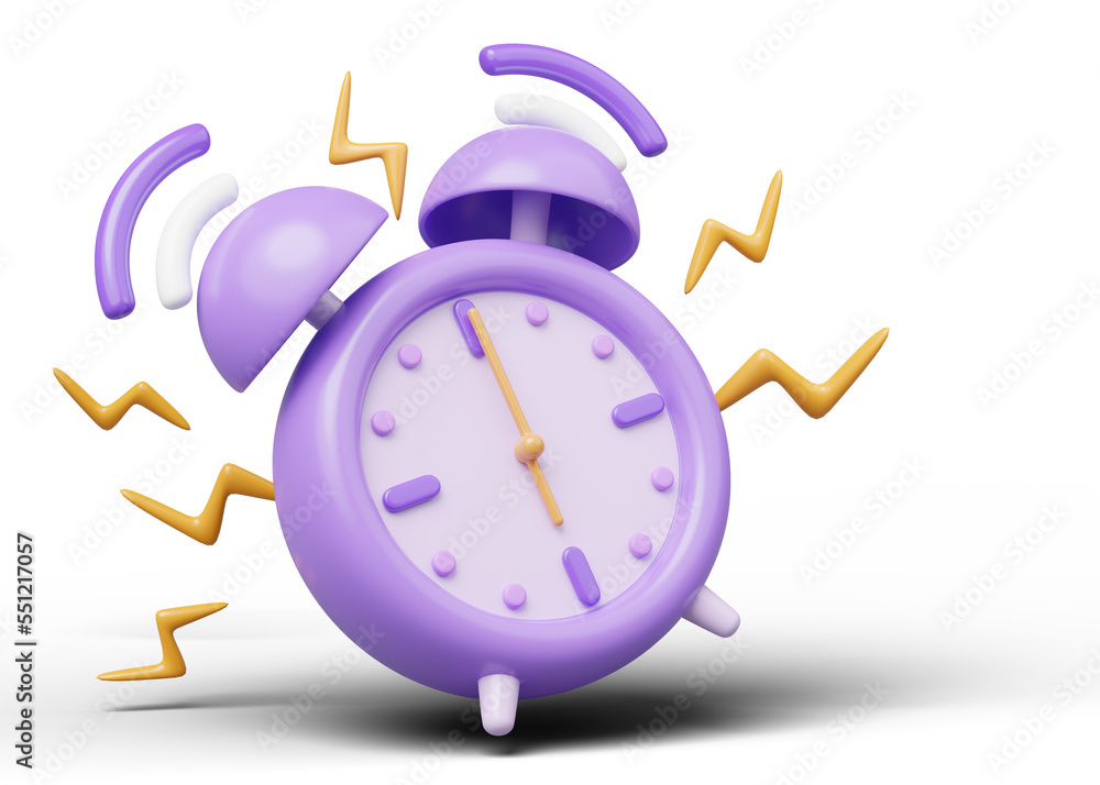 3d Alarm clock icon. Purple vintage clock with twin bell at six o’clock