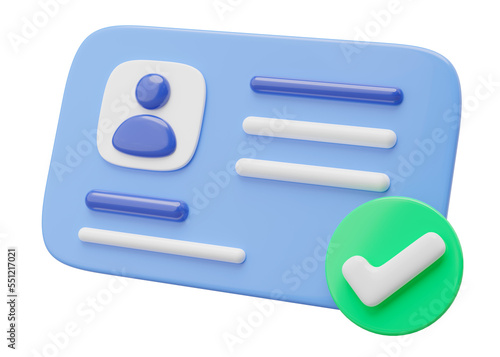 3d Id card icon. Identification card with check mark isolated on transparent. Approve identity verification card. human resources, plastic driver license, verify identity concept. 3d rendering.