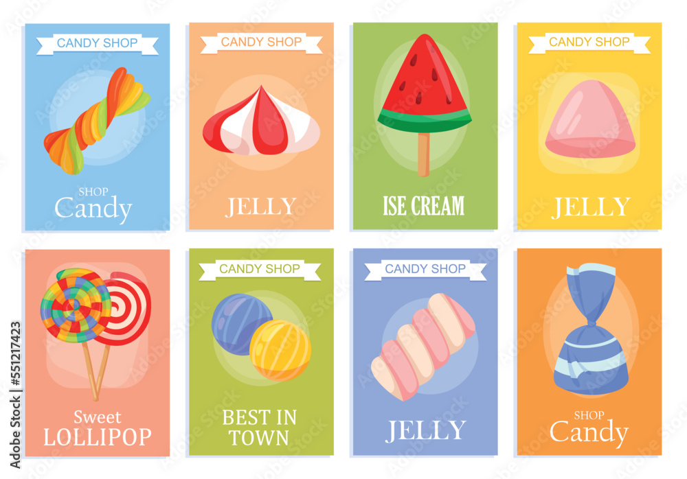 Brochures with sweets set. Collection of posters and banners for website. Tropic and exotic, watermelon ice cream, lollipop and candy. Cartoon flat vector illustrations isolated on white background