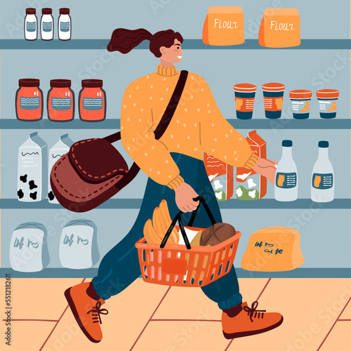 Young woman chooses groceries in supermarket. The character carries shopping basket in her hand and walks along the shelves with goods.Bread, bananas, bottles, jars .Vector cartoon flat illustration. 