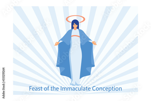 Feast of the Immaculate Conception vector. Blessed Virgin Mary in heaven icon vector. Saint Mary and blue sky vector. Immaculate Conception Day Poster, December 8, flat vector modern illustration