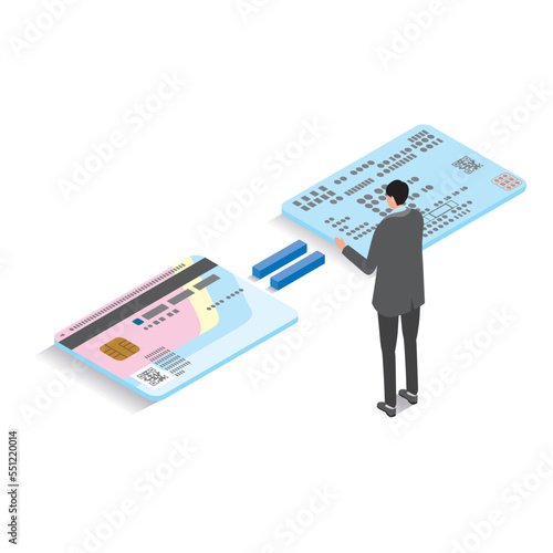 アイソメトリック_マイナンバーカードを健康保険証として使用をイメージしたイラスト