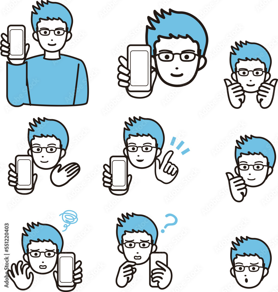 Fototapeta premium スマホを持つ男性の表情セット イラスト素材