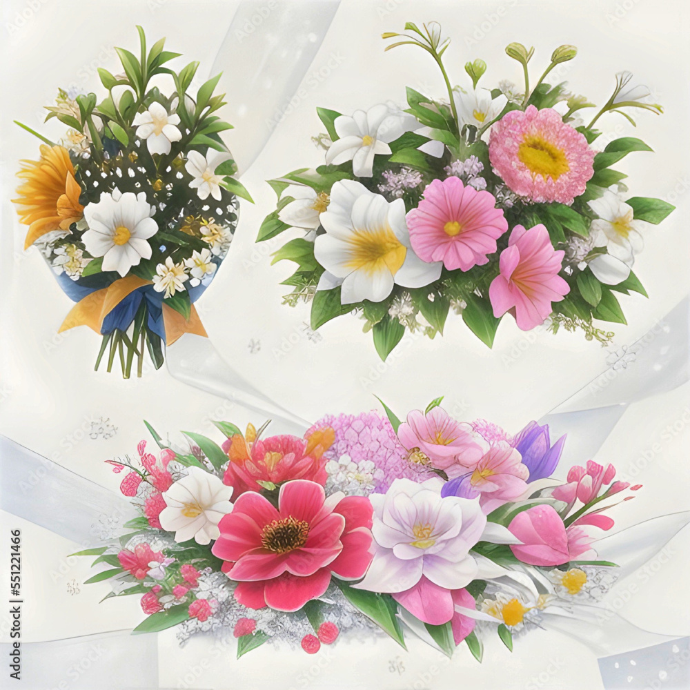 Bouquet of flowers. Beautiful illustration of flowers elegant bouquet on white background. Cute Colorful Flowers. 3d rendering.