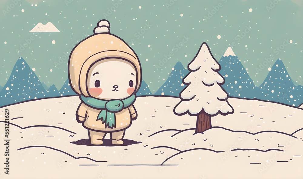 Adorable snowy scene with tiny and cute character Adorable snowy scene with tiny and cute character