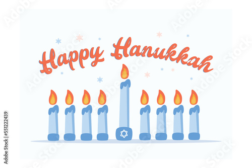 Poster with all blue lighted candles for Hanukkah's last day of celebration over a blue dark background, flat vector modern illustration