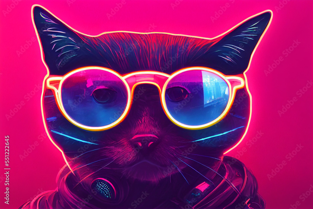Fototapeta premium cyberpunk cat with sunglasses, dressed in neon color clothes