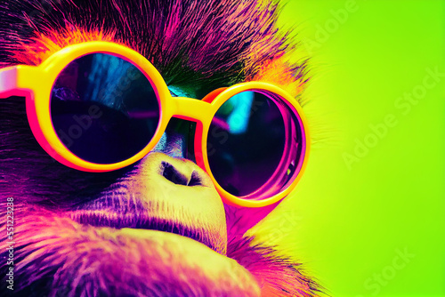 cyberpunk Chimpanzee with sunglasses, dressed in neon color clothes © rufous