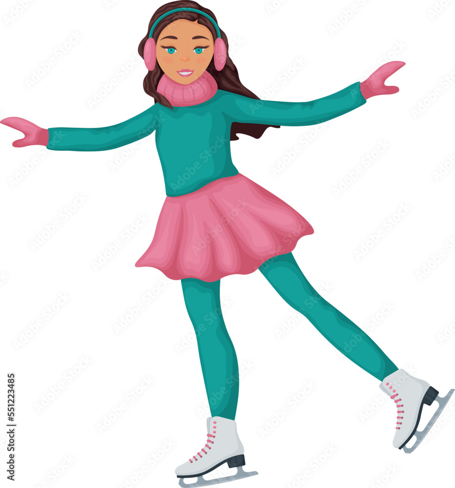 A girl on snow skates. A cute girl is skating on winter skates. Figure skating. Vector illustration isolated on a white background