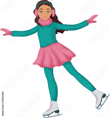 A girl on snow skates. A cute girl is skating on winter skates. Figure skating. Vector illustration isolated on a white background