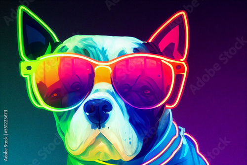 cyberpunk Pitbull dog with sunglasses, dressed in neon color clothes