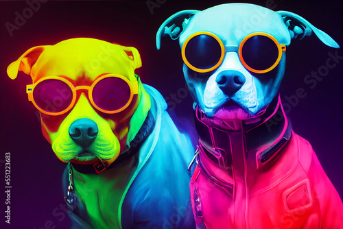 cyberpunk Pitbull dog with sunglasses, dressed in neon color clothes © rufous