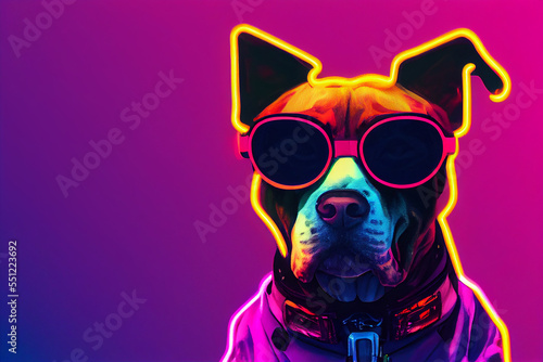 cyberpunk Pitbull dog with sunglasses, dressed in neon color clothes © rufous