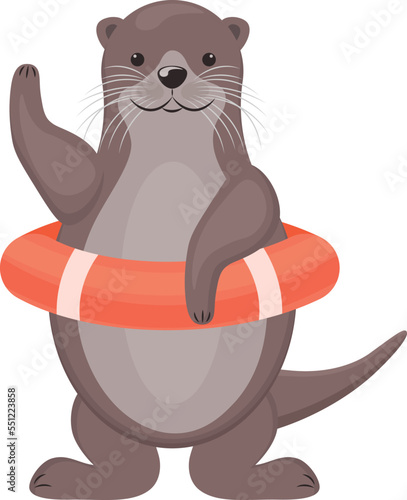 Otter. Cute smiling otter in an orange lifebuoy Otter rescuer waving his paw. Cute cartoon animal. Vector illustration isolated on a white background