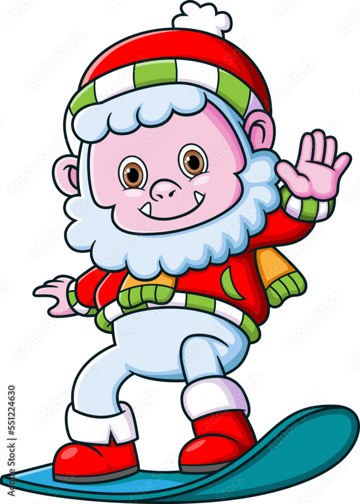 Cute yeti wearing santa costume playing snowboard Cute yeti wearing santa costume playing snowboard