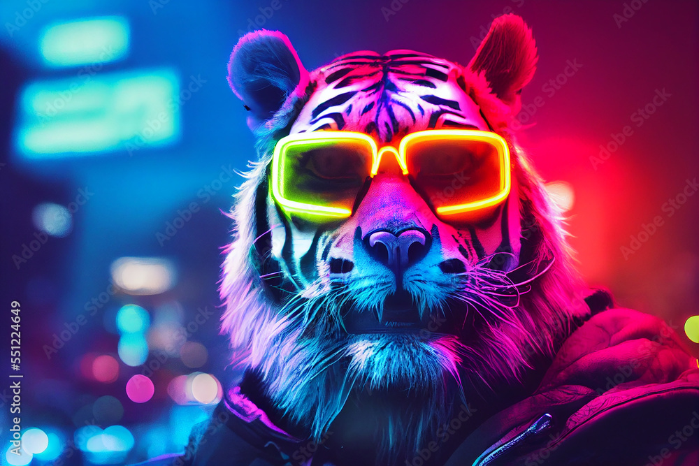 cyberpunk tiger with sunglasses, dressed in neon color clothes Stock  Illustration | Adobe Stock