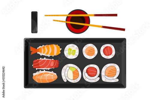 Japan food. Asian square plate, rolls and sushi with shrimp, salmon, tuna, avocado, Soy sauce bowl. Table layout. Traditional japanese utensils for sushi. Colorful Flat vector top view illustration