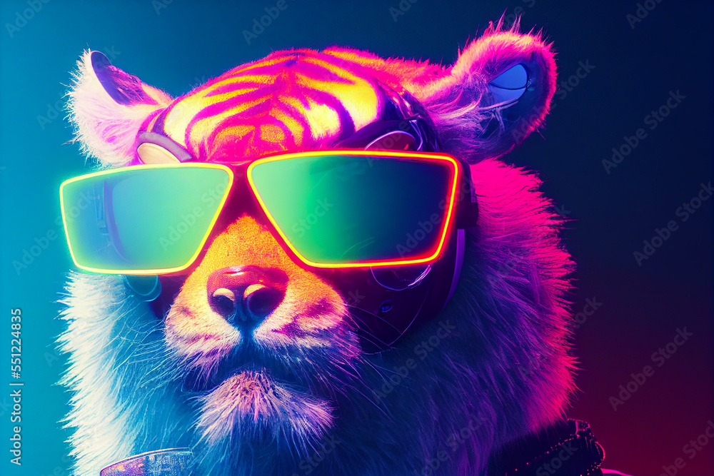 cyberpunk tiger with sunglasses, dressed in neon color clothes