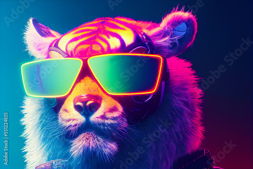 cyberpunk tiger with sunglasses, dressed in neon color clothes © rufous