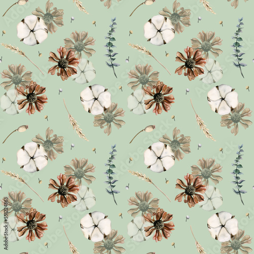 Seamless watercolor floral pattern on light green background with cotton, dried flowers, eucalyptus branches © Elena Malgina