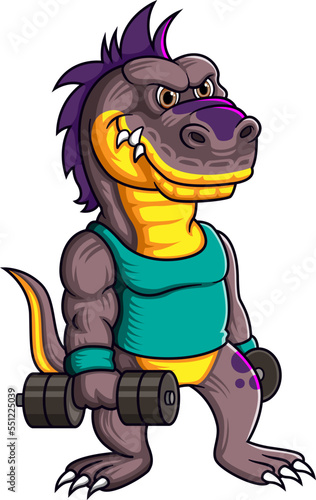 Scary Dinosaur character with dumbbell weights pose