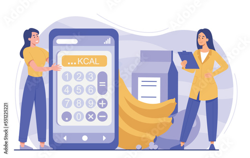 Healthy dieting concept. Two women with smartphones and natural and organic products. Fruits and milk products. Poster or banner for site. Healthy food and nutrition. Cartoon flat vector illustration