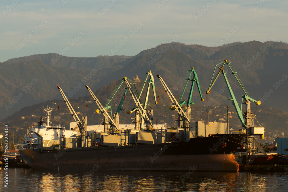 cranes in the seaport, shipment and delivery, cargo, warehouse, dry-cargo ship cranes in the seaport, shipment and delivery, cargo, warehouse, dry-cargo ship