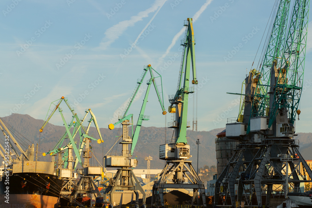 sea port logistic, cranes for loading onto ships in the seaport, dry-cargo ship