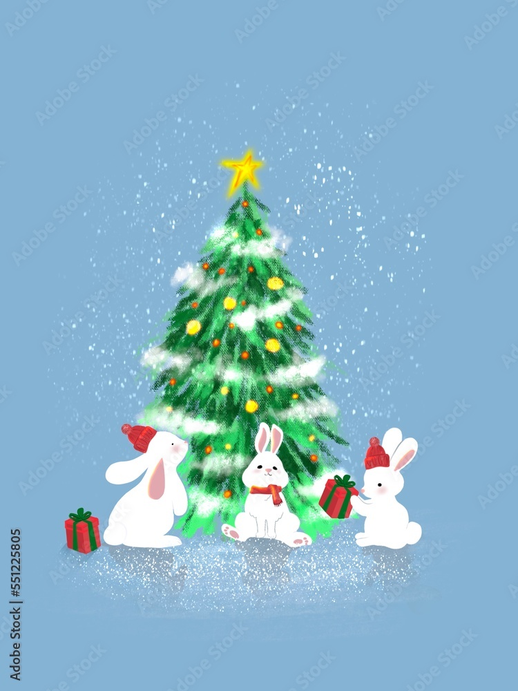 christmas tree and bunnies holding gifts
