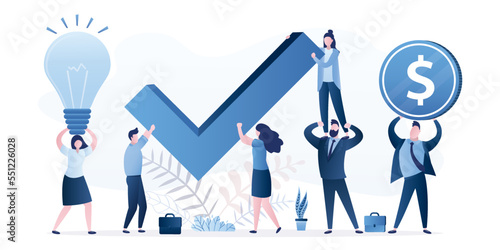 Successfully completed negotiations. Group of tiny business people holding check mark. Deal, agreement between investors and entrepreneurs. Venture capital fund invests in new startup.
