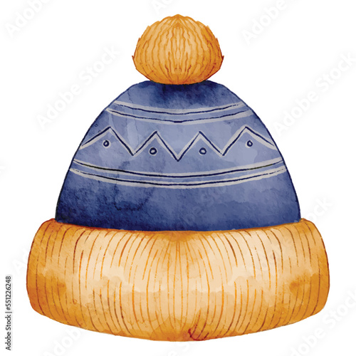 Watercolor warm knitted hat with pompom for winter element decoration