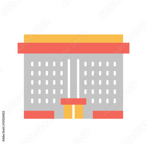 Gray building icon. Apartment building with red and yellow roof. Industrial construction and real estate. Graphic element for website. Modern architecture concept. Cartoon flat vector illustration