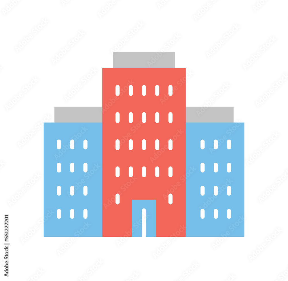 Colored highrise buildings icon. Apartment buildings. Urban architecture. Sticker for social networks and messengers. Template, layout and mockup for website. Cartoon flat vector illustration