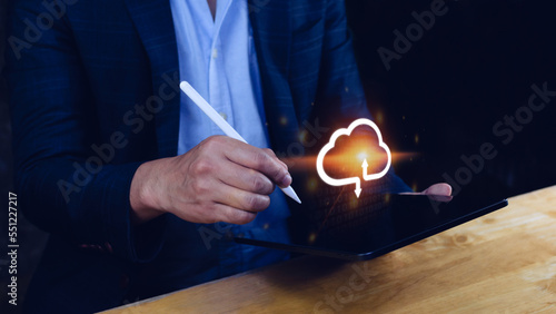 Businessman touching virtual cloud computing to transfer database. information upload, download application. Technology business transformation data concept..Big data Concept
