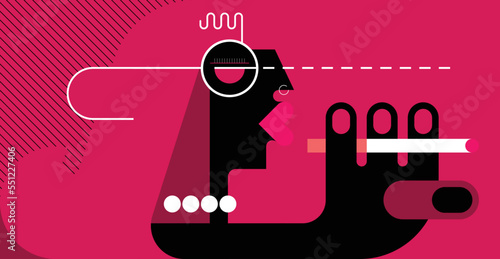 Woman with long hair, nose piercing and beads on her neck smokes a cigarette. Minimalist flat style vector illustration, poster design.